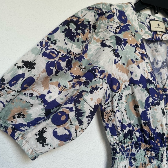 Tuckernuck Puff Sleeve Naomi Midi Dress Blue White Tan Size Small - Picture 3 of 13